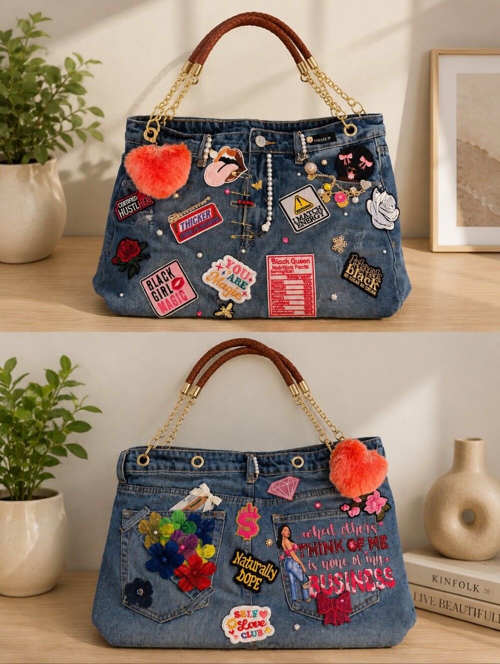 Denim Patchwork Tote Bag with Orange Pom Accent